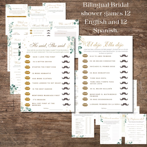 Spanish and English Printable Bridal shower games set,  Bilingual Bridal shower, Bachelorette games Bundle Instant Download.