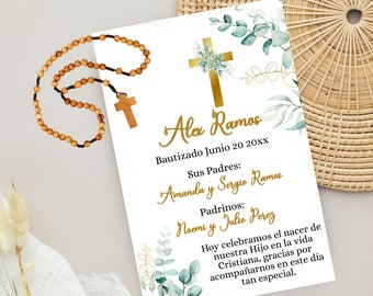 Spanish Modern favor card for Baptism, DIY favor all editable card, baptism card in Spanish green Eucalyptus gold letter, instant download.