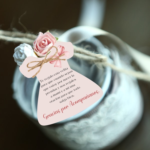 Spanish Printable Baby Girl dress Baby Shower Favor Tags, Candle  favor tag, Recuerdo para Baby Shower, Wishes and payer for baby tag.