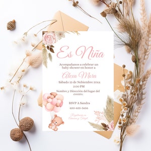 Invitación para Baby Shower en Español, Baby Girl pink floral teddy bear Boho Baby shower invite, Printable Spanish baby shower invite.