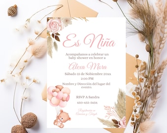 Invitación para Baby Shower en Español, Baby Girl pink floral teddy bear Boho Baby shower invite, Printable Spanish baby shower invite.