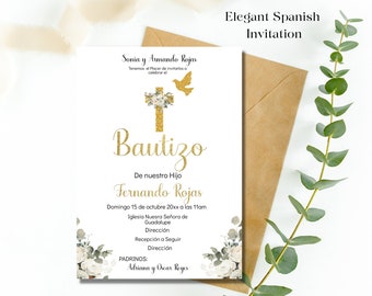 Invitación de Bautizo, Christening Invite In Spanish, Invitaciones para Bautizo, Greenery Religious Invite, Baptism , instant download.