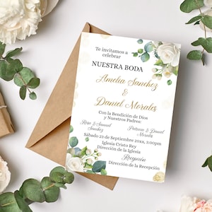 Invitacion Religiosa floral para BODA En Español  Imprimirble. Invitacion para Boda color Oro y Blanco Editable descarga Instantanea.
