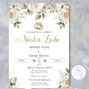 May include: Wedding invitation with a floral design featuring white roses and green leaves. The invitation is for Amanda Rojas and Gorge Ramos, with the date set for July 23, 202x. The ceremony will be held at Iglesia Nuestro Se&ntilde;or, followed by a reception at The Grand Ballroom.