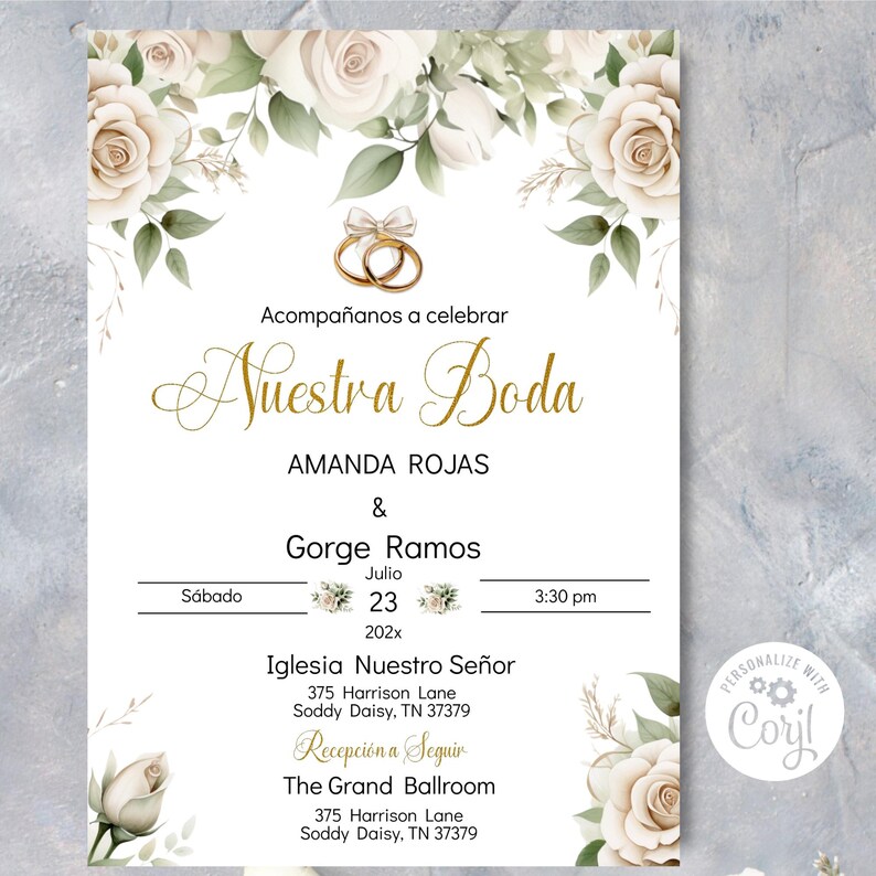 May include: Wedding invitation with a floral design featuring white roses and green leaves. The invitation is for Amanda Rojas and Gorge Ramos, with the date set for July 23, 202x. The ceremony will be held at Iglesia Nuestro Se&ntilde;or, followed by a reception at The Grand Ballroom.