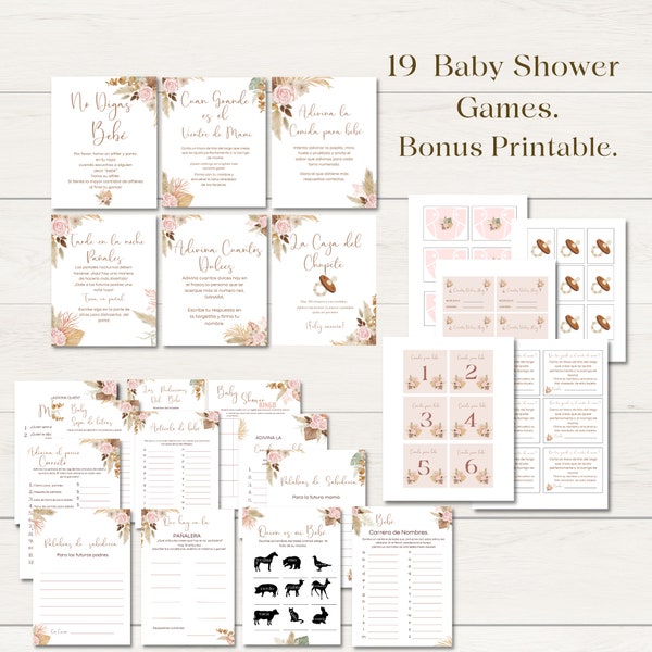 Boho Spanish Baby shower Printable games Bundle, Spanish Table Signs, Paquete de Juegos para baby shower en Español INSTANT DOWNLOAD.