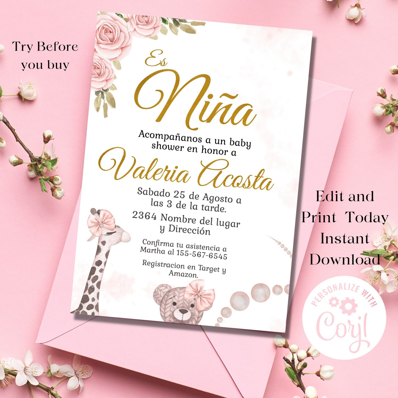 Spanish Floral Baby Shower Invitation Girl Blush Pink Boho Etsy