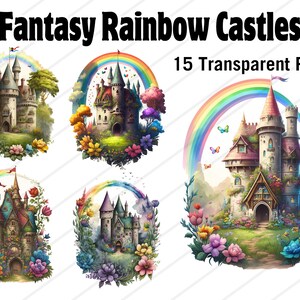 Fantasy Rainbow Castles Transparent PNG Clip Art - Colorful Castles PNG Clipart - Set of 15 - Watercolor Magical Castles Instant Download