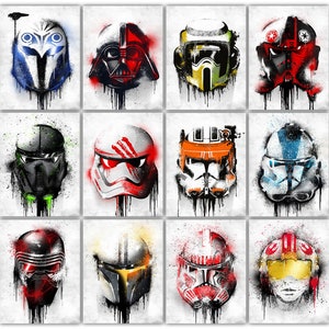 May include: A set of 12 digital art prints featuring Star Wars characters in a spray paint style. The characters include Darth Vader, Boba Fett, Stormtroopers, and more.