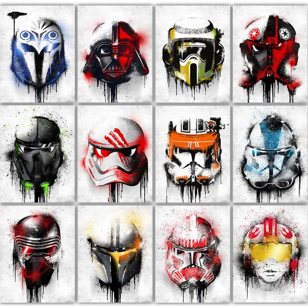 Star Wars Helmet Graffiti Poster Set | Digital Download Printables | 8.5x11 | Luke, Darth Vader, Kylo Ren, Mandalorian, Finn, Bo Katan