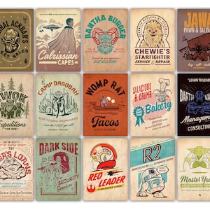 May include: A set of 12 vintage-style Star Wars themed business cards. Each card features a different character or location from the Star Wars universe, with a humorous business name and tagline. The cards are printed on a textured paper with a distressed look.