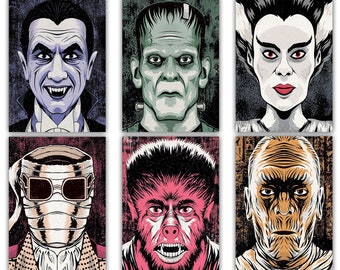 Classic Horror Monster Poster Set | Digital Download Printable Art | 5x7 | Frankenstein, Bride, Dracula, WolfMan, Mummy, Invisible Portraits