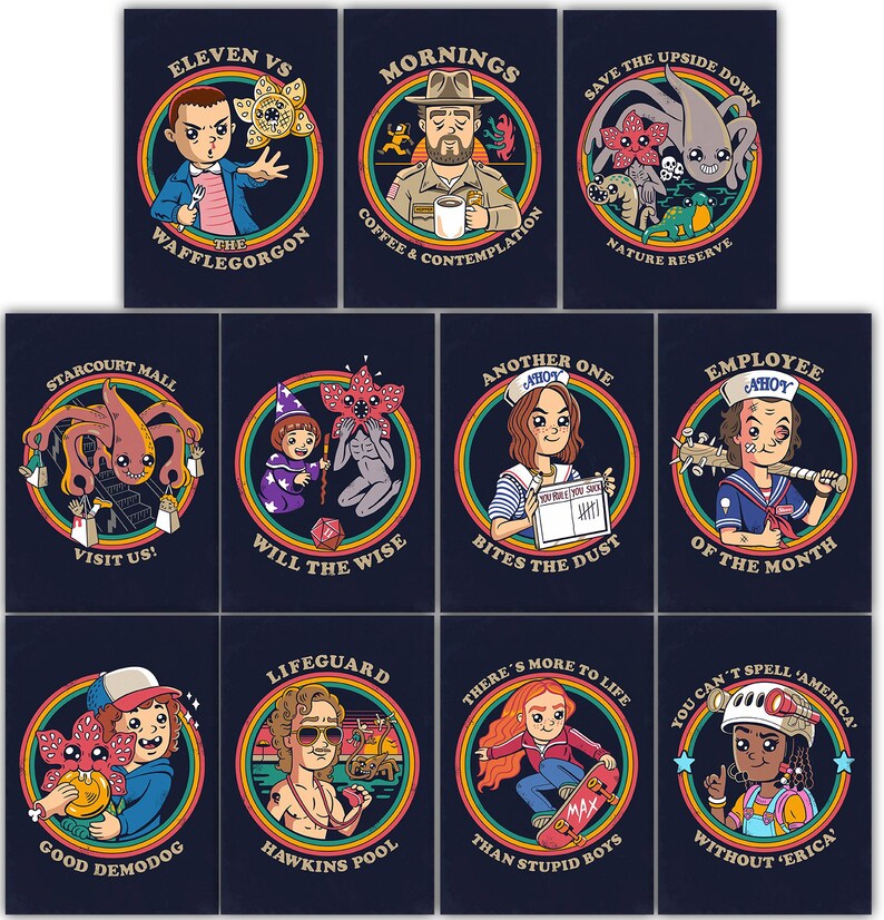 Stranger Things Cartoon Characters Kawaii Poster Set Digital Download ...