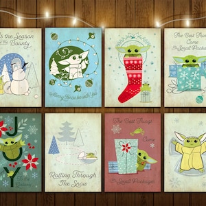 Star Wars Baby Yoda Grogu The Child kerstkaartenset | Digitale download afdrukbare wenskaarten | 5x7 | Set van 8 schattige kerstkaarten
