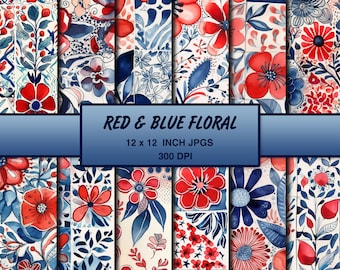 Red and Blue Floral Flowers Digital Paper - 12x12 300 DPI - Scrapbooking Paper, Backgrounds, Junk Journal - Leaves, Vines