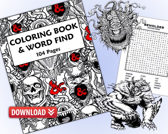 Dungeons and Dragons Coloring Book and Word Find - Digital Download - 104 Pages - 8.5x11 300 DPI - DND - Instant Download PDF - Beholder