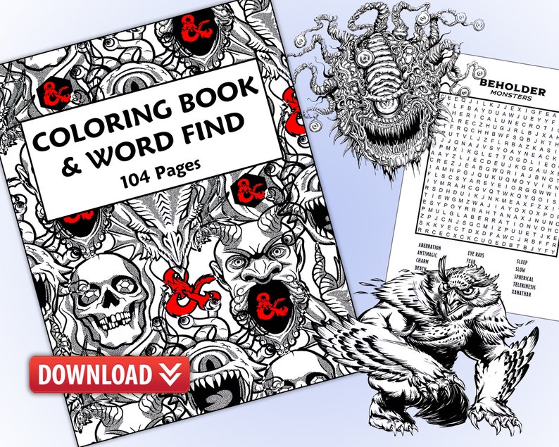 Dungeons and Dragons Coloring Book and Word Find - Digital Download - 104 Pages - 8.5x11 300 DPI - DND - Instant Download PDF - Beholder, Mind Flayer, 
Owlbear, Gelatinous Cube, Drizzt Do'Urden