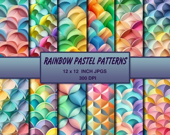 Rainbow Pastel Patterns Digital Paper - 12x12 300 DPI - Scrapbooking Paper, Backgrounds, Junk Journal - Colorful Rainbow Shapes