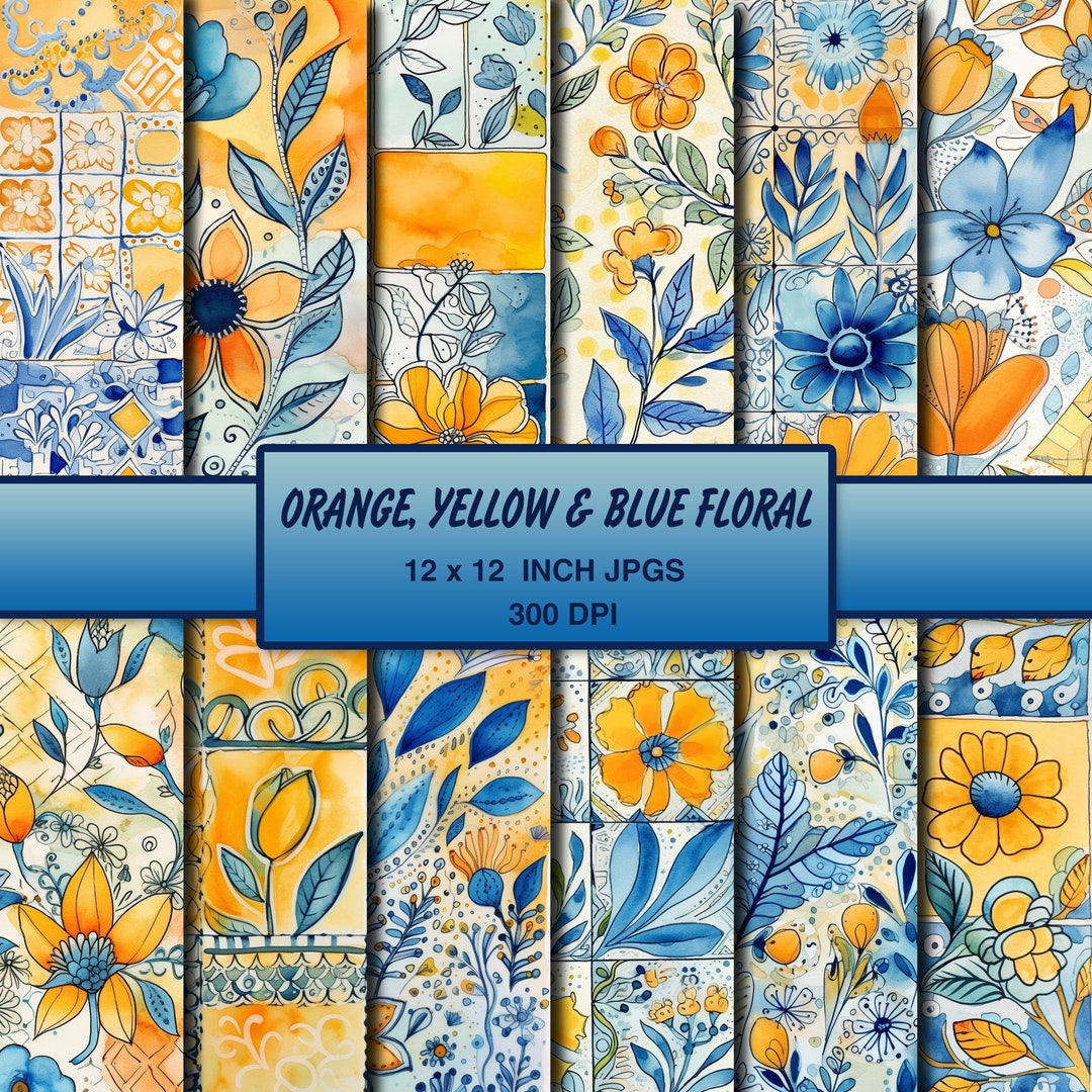 Orange, Yellow and Blue Floral Flowers Digital Paper - 12x12 300 DPI ...