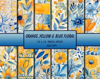 Orange, Yellow and Blue Floral Flowers Digital Paper - 12x12 300 DPI - Scrapbooking Paper, Backgrounds, Junk Journal - Leaves, Vines