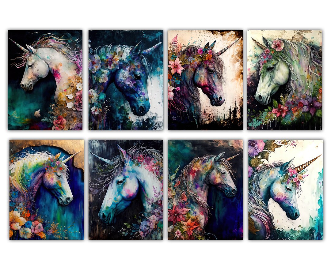 Majestic Unicorns With Flowers Poster Set of 8 Digital Download ...
