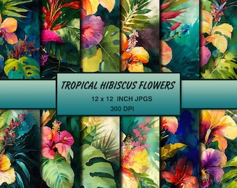 Tropical Hibiscus Flowers Digital Paper - 12x12 300 DPI - Scrapbooking Paper, Backgrounds, Junk Journal - Floral, Palm Leaves