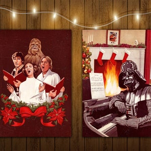 Conjunto de cartões de Natal de Star Wars | Download digital de cartões comemorativos para impressão | 5x7 | Conjunto de 2: Darth Vader, Luke/Han/Chewbacca/Leia