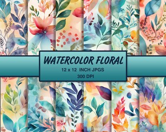 Papel digital acuarela floral - 12x12 300 DPI - Papel de Scrapbooking, Fondos, Diario basura - Flores coloridas, Hojas