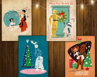 Star Wars Cartoon Christmas Card Set | Digital Download Printable Greeting Cards | 5x7 | Set of 4: R2D2, C3PO, Chewbacca, Han, Leia, Droids
