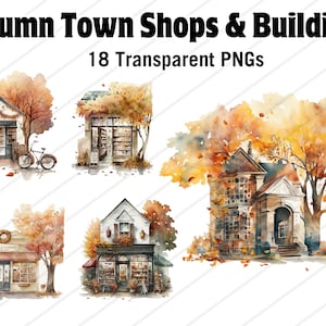 Herbst Stadt Geschäfte, Gebäude, Geschäfte Transparent PNG Clip Art - Bunte Herbst Gemeinde Stadt PNG Clipart - Set von 18 - Instant Download