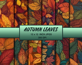 Autumn Fall Leaves Digital Paper - 12x12 300 DPI - Scrapbooking Paper, Backgrounds, Junk Journal - Colorful, Fall Leaf