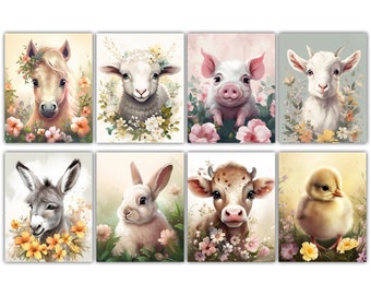 Baby Farm Animals Floral Nursery Poster Set of 8 | Digital Download Printables 8.5x11 | Horse, Cow, Pig, Rabbit, Sheep, Chick, Donkey, Goat