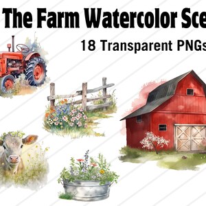 On The Farm Watercolor Scene Transparent PNG Clip Art - Colorful Farm PNG Clipart - Set of 18 - Barn, Animals, Tractor, Truck - Downloadable
