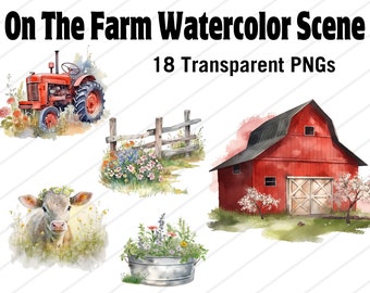 On The Farm Watercolor Scene Transparent PNG Clip Art - Colorful Farm PNG Clipart - Set of 18 - Barn, Animals, Tractor, Truck - Downloadable