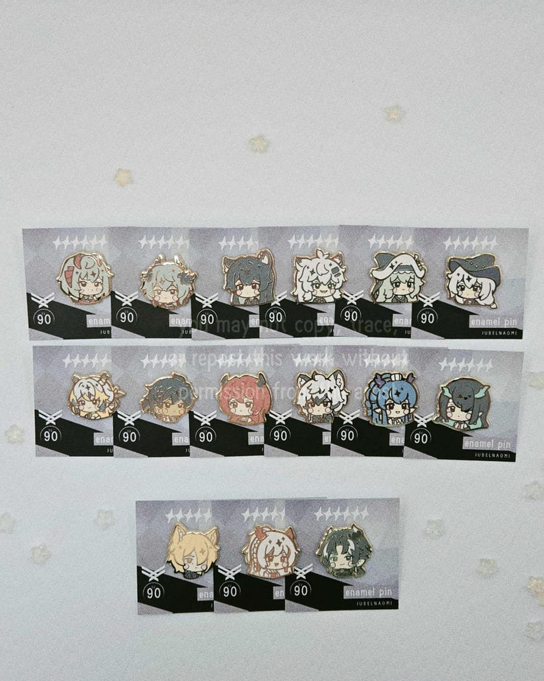 May include: A collection of anime-style enamel pins featuring various character designs. Each pin has a gold border and is mounted on a gray card with the number "90" and the text "enamel pin". The pins showcase different hairstyles and outfits.