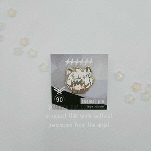 May include: An enamel pin featuring a cartoon character with white hair, glasses, and a brown outfit. The pin is on a card with text that reads "90" and "enamel pin". The card also includes text that says "you may not copy or repost this work without permission from the artist."