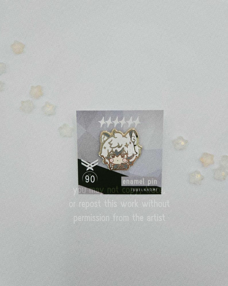 May include: An enamel pin featuring a cartoon character with white hair, glasses, and a brown outfit. The pin is on a card with text that reads "90" and "enamel pin". The card also includes text that says "you may not copy or repost this work without permission from the artist."