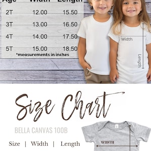 May include: Size chart for toddler short sleeve tees and baby jersey one-piece garments. Measurements in inches are provided for sizes 2T to 5T and 3-6M to 18-24M. The image includes children wearing white t-shirts.