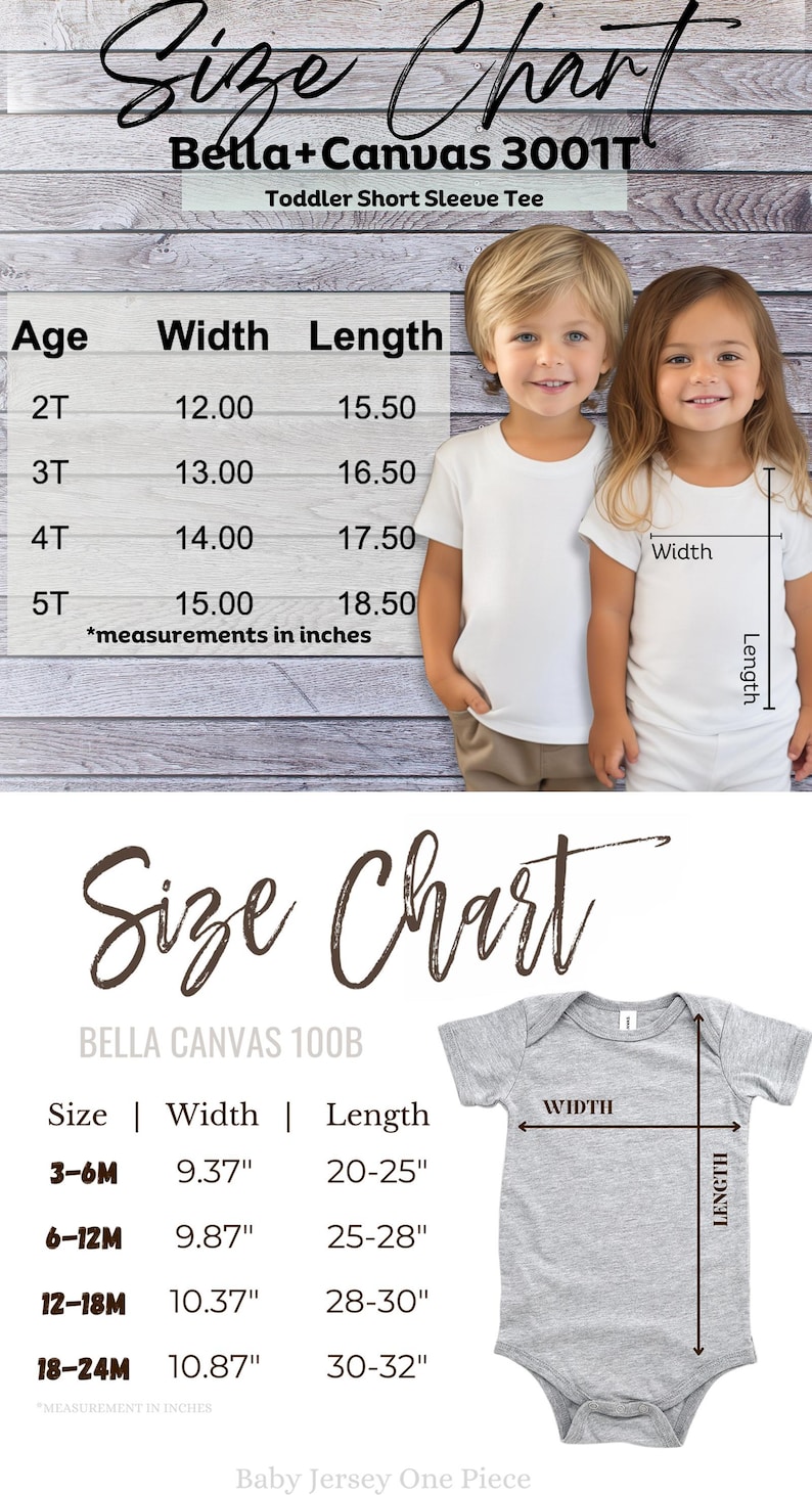 May include: Size chart for toddler short sleeve tees and baby jersey one-piece garments. Measurements in inches are provided for sizes 2T to 5T and 3-6M to 18-24M. The image includes children wearing white t-shirts.