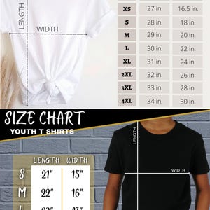 May include: Size chart for Bella Canvas 3001 unisex jersey t-shirts. Includes measurements in inches for sizes XS to 4XL. Also includes a size chart for youth t-shirts with measurements in inches for sizes S to XL. A white t-shirt is shown.