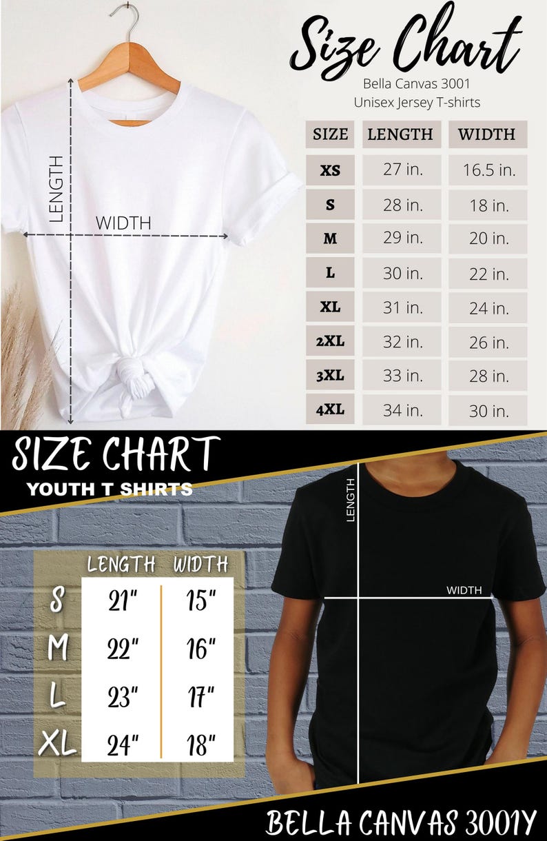 May include: Size chart for Bella Canvas 3001 unisex jersey t-shirts. Includes measurements in inches for sizes XS to 4XL. Also includes a size chart for youth t-shirts with measurements in inches for sizes S to XL. A white t-shirt is shown.