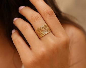 Anel com textura de folha - Anel com faixa de latão - Anel de metal - Anel com faixa larga - Aliança de casamento - Anel de renda natural jzz-lhus.