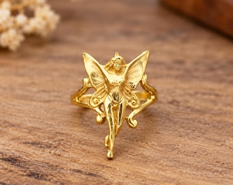 Fairy Ring Gold Tone, Mystical Winged Pixie Ring, Fantasy Statement Ring, Gothic Fairy Jewelry, Magical Ring Gift for Women