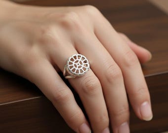 Anillo con el símbolo de la madre, Anillo de Yoga Integral Sri Aurobindo, Joyería con diseño de loto espiritual, Regalo de plata del Ashram, Anillo divino de Auroville