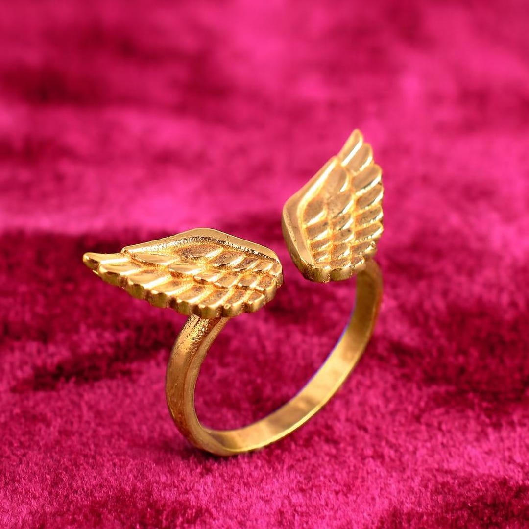Gold Angel Wings Ring, Adjustable Open Band, Spiritual Guardian Jewelry ...