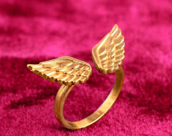 Gold Angel Wings Ring, Adjustable Open Band, Spiritual Guardian Jewelry, Boho Statement Ring, Unique Gift for Women & Men