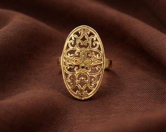 Vintage Gold Filigree Ring, Oval Statement Ring, Antique Style Jewelry, Ornate Boho Ring, Victorian Inspired Ring, Unique Gift for Her