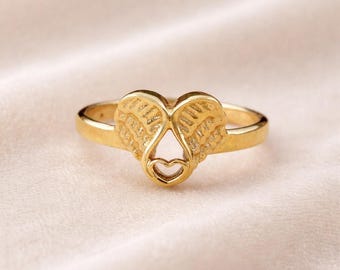 Gold Angel Wing Heart Ring, Minimalist Promise Ring, Dainty Gold Heart Ring, Artisan Ring, Gift for Her, Friendship Jewelry