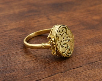 Viktorianischer Stil Poison Ring - Gold Oval Medaillon Ring mit verstecktem Fach - Antik inspiriert Statement Schmuck