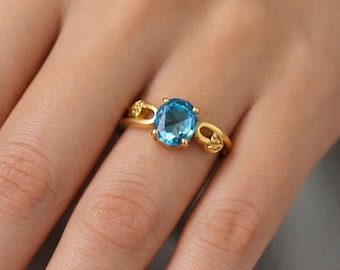 Blue Topaz Gold Ring, Oval Sky Blue Gemstone Ring, 14k Gold Solitaire Ring, December Birthstone Ring, Handmade Minimalist Engagement Ring